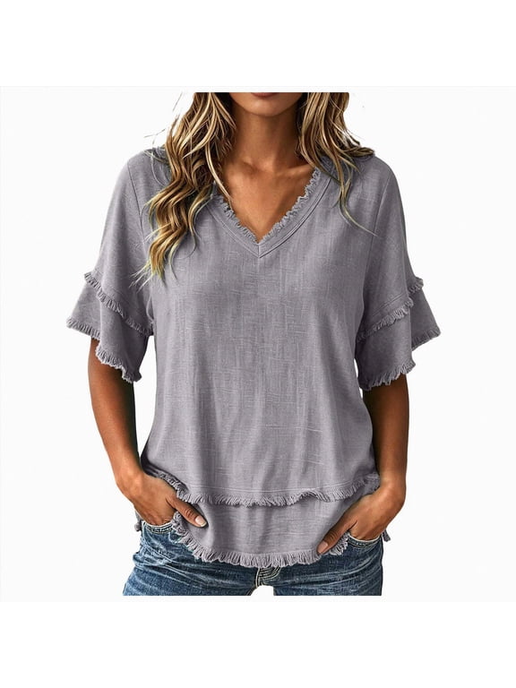 Womens Cotton Linen Boho Tops Summer Gauze Fringe Shirts Retro Short Sleeve V Neck Shirts Raw Hem Loose Beach Clothes