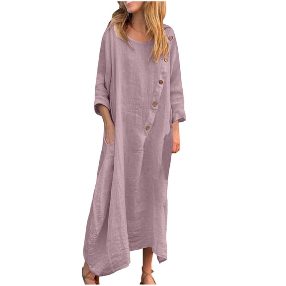 Womens Cotton Linen Button Down Long Dress Long Sleeve Crew Neck Pockets Dresses Casual Loose Irregular Hem Dresses