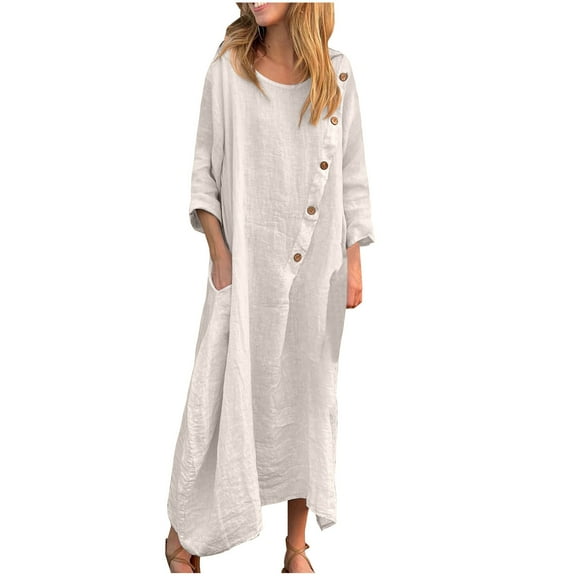 Womens Cotton Linen Button Down Long Dress Long Sleeve Crew Neck Pockets Dresses Casual Loose Irregular Hem Dresses