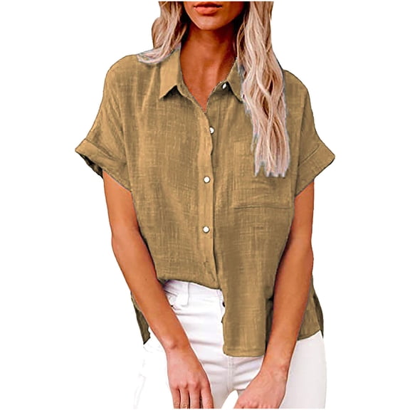 Womens Cotton Linen Button Down Shirt 2024 Casual Short Sleeve Solid Color Shirt Loose Work Tops with Pockets