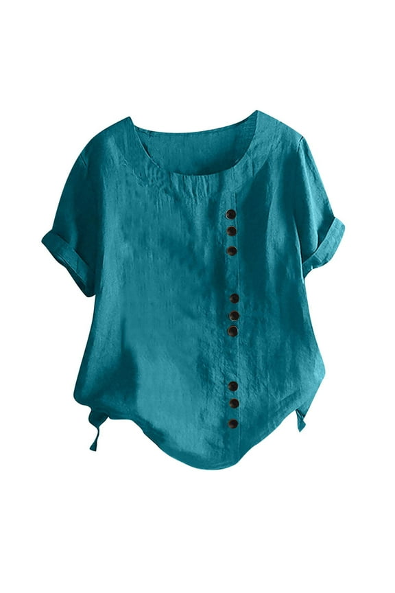 Womens Cotton Linen Button Down Shirt Short Sleeve Print Blouse Casual Crew Neck Tops Summer Flowy