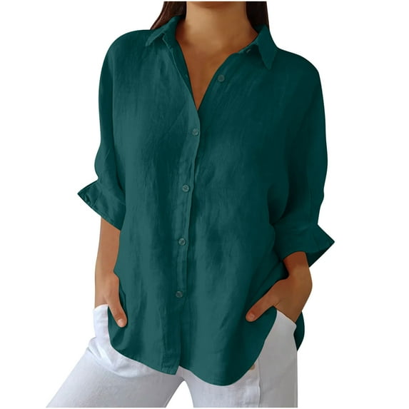 Womens Cotton Linen Button Down Shirts Color Block Short Sleeve Cotton Linen Summer Casual Blouses Tops for Go Out