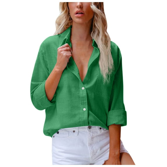 Womens Cotton Linen Button Down Shirts Long Sleeve V Neck Pockets Tops Casual Loose Fit Work Blouses(Medium,Green)