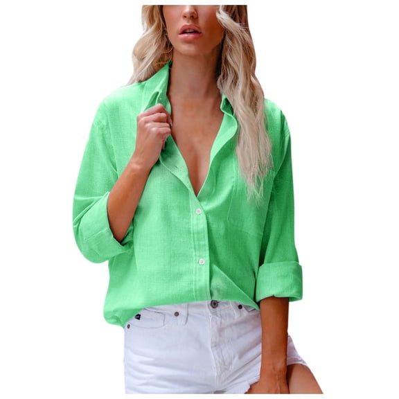 Womens Cotton Linen Button Down Shirts Long Sleeve V Neck Pockets Tops Casual Loose Fit Work Blouses(Medium,Green)