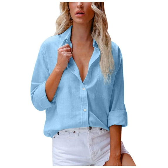 Womens Cotton Linen Button Down Shirts Long Sleeve V Neck Pockets Tops Casual Loose Fit Work Blouses(XX-Large,Light Blue)