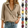 thumbnail image 1 of Womens Cotton Linen Button Down Shirts Loose Fit Long Sleeve Collared Blouse Casual V Neck Tops Outfits S-3XL Brown S, 1 of 6