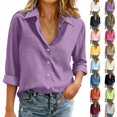 thumbnail image 1 of Womens Cotton Linen Button Down Shirts Loose Fit Long Sleeve Collared Blouse Casual V Neck Tops Outfits S-3XL Purple 2XL, 1 of 6