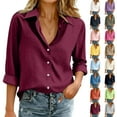 thumbnail image 1 of Womens Cotton Linen Button Down Shirts Loose Fit Long Sleeve Collared Blouse Casual V Neck Tops Outfits S-3XL Wine XL, 1 of 6