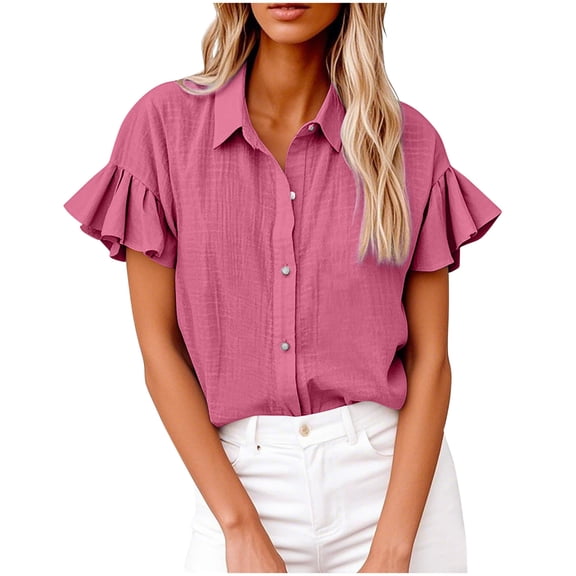 Womens Cotton Linen Button Down Shirts Ruffles Short Sleeve Dress Shirts Casual Summer Business Tops Blouses