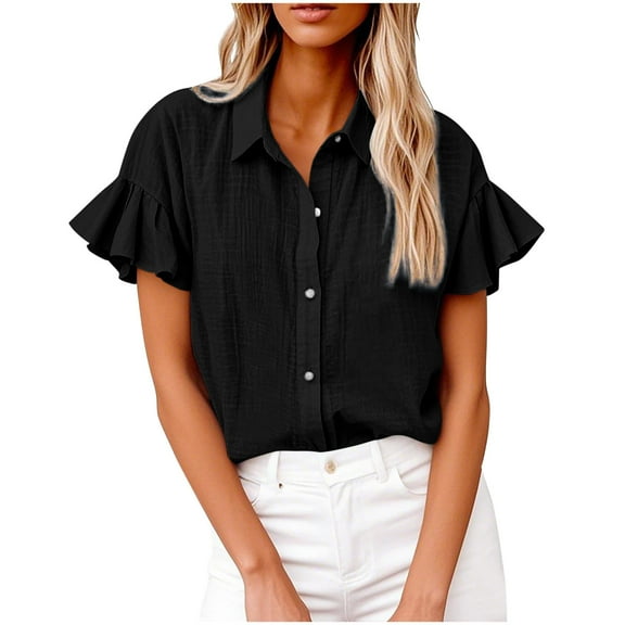 Womens Cotton Linen Button Down Shirts Ruffles Short Sleeve Dress Shirts Casual Summer Business Tops Blouses