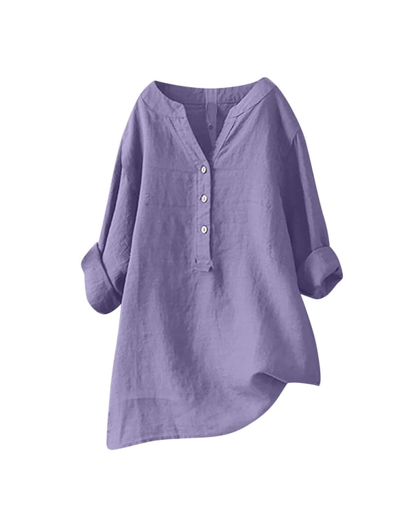 Womens Cotton Linen Button Down Shirt 2026 Spring Casual Long Sleeve Blouses Solid Color Loose Soft Work Tops Dressy Lightweight Comfy Outfits Going Out Tops Ladies Fashion Trendy