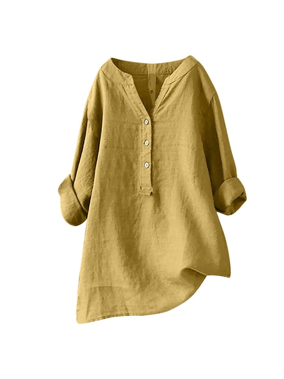 Womens Cotton Linen Button Down Shirt 2026 Spring Casual Long Sleeve Blouses Solid Color Loose Soft Work Tops Dressy Lightweight Comfy Outfits Going Out Tops Ladies Fashion Trendy