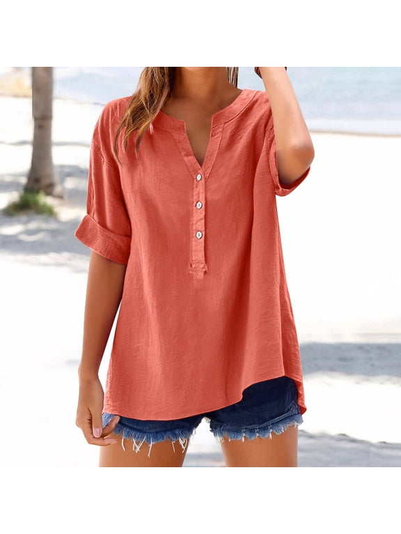 Womens Cotton Linen Button Down Shirts Lightweight Shirt Henley Tops Pullover Shirts Roll Up Long Sleeve Shirt Solid Color Shirts Gauze Tops Breathable Tops Dress Shirts Comfy Loose Fit T-Shirt