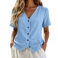 thumbnail image 1 of Womens Cotton Linen Button Down Shirts,short Sleeve Loose Fit Tee Shirt Women Summer Blouses for Women Womens Summer Tops Gauze Shirts Lightweight Linen Blouses for Women,Blue,M, 1 of 5
