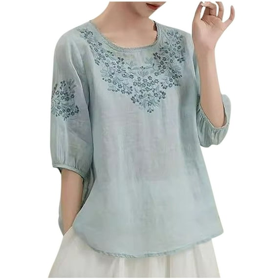 Womens Cotton Linen Button Short Sleeve Shirts Summer Loose Crew Neck Casual Boho Floral Top Vintage Blouse Tops