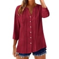 thumbnail image 1 of Womens Cotton-Linen Button Tunic Tops 3/4 Sleeve V-Neck Pleated Shirts Trendy Casual 2026 Blouses Summer Beach T-Shirts Clothes, 1 of 5