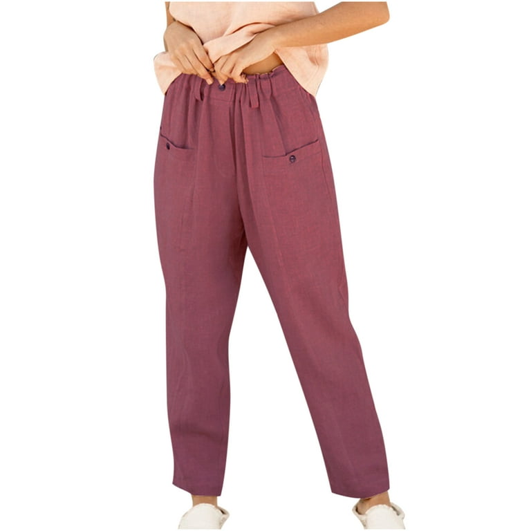 Womens Cotton Linen Buttons Pull On Pants High Elastic Waist with