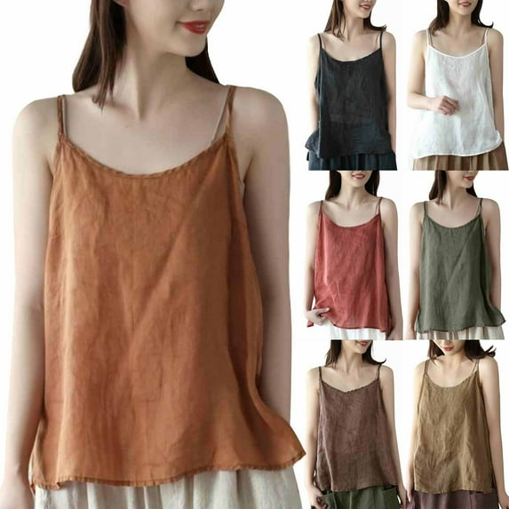 Womens Cotton Linen Camisole Spaghetti Strap Loose Tank Sleeveless Summer Casual Wear