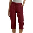 thumbnail image 1 of Womens Cotton Linen Capri Pants Cuffed Hem Drawstring Pants Straight Leg Trousers with Pockets, S-3XL, 1 of 6