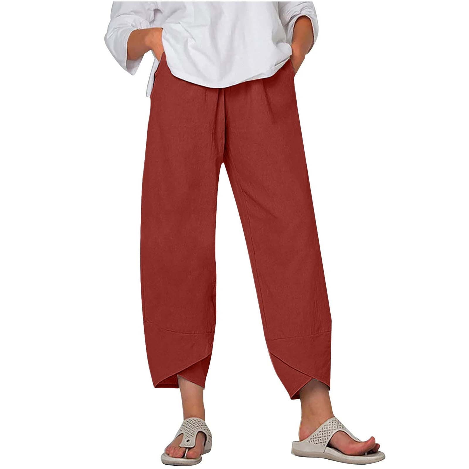 Womens Cotton Linen Capri Pants Cutout Hem Plus Size Pants for Women Casual  Loose Fitted Solid Lounge Capris 