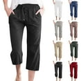 thumbnail image 1 of Womens Cotton Linen Capri Pants Elastic Waist Drawstring Straight Leg Pants Casual Loose Loungewear Trousers with Pocket, 1 of 6