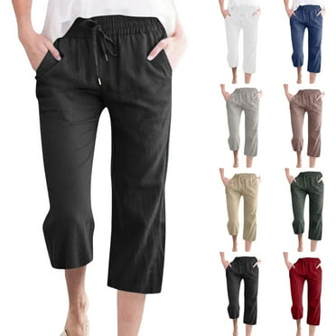 Womens Cotton Linen Capri Pants Elastic Waist Drawstring Straight Leg Pants Casual Loose Lounge Trousers with Pocket