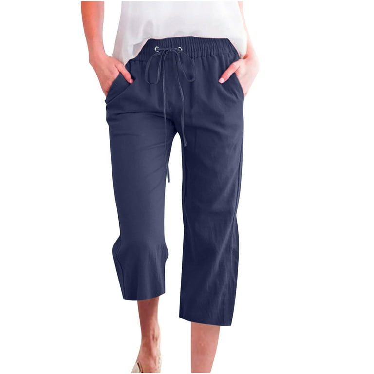 Womens Cotton Linen Capri Pants Elastic Waist Drawstring Straight Leg Pants  Casual Loose Lounge Trousers with Pocket 