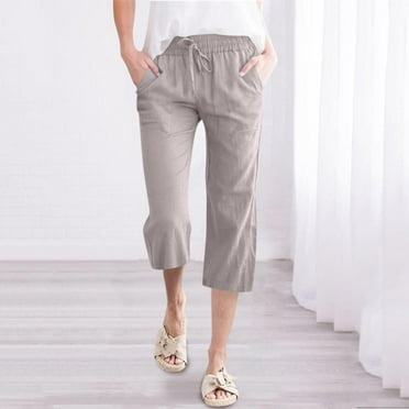 Womens Cotton Linen Capri Pants Elastic Waist Drawstring Straight Leg Pants Casual Loose Lounge Trousers with Pockets Gray S