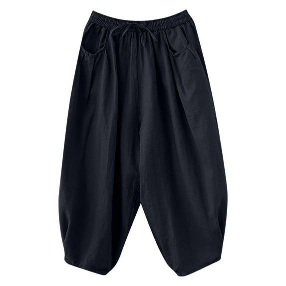 Womens Cotton Linen Capri Pants Elastic Waist Drawstring Wide Leg Pants Casual Baggy Cropped Trousers with Pockets