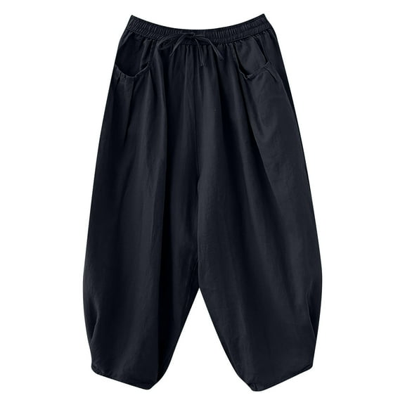 Womens Cotton Linen Capri Pants Elastic Waist Drawstring Wide Leg Pants Casual Baggy Cropped Trousers with Pockets