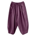 thumbnail image 1 of Womens Cotton Linen Capri Pants Elastic Waist Drawstring Wide Leg Pants Casual Baggy Cropped Trousers with Pockets, 1 of 7