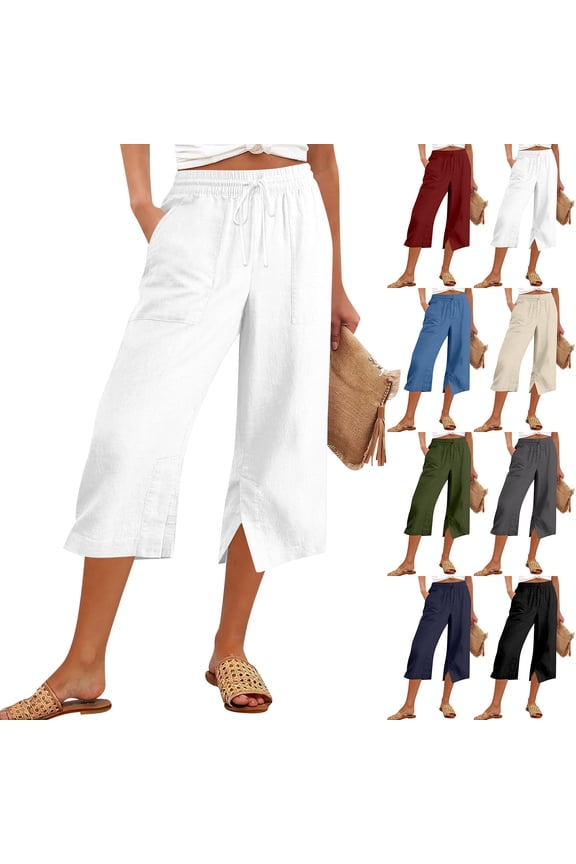 Womens Cotton Linen Capri Pants Loose Fit Elastic Drawstring High Waist Side Split Hem Wide Leg Cropped Trousers Lightweight Summer Bottoms, L, #03 White