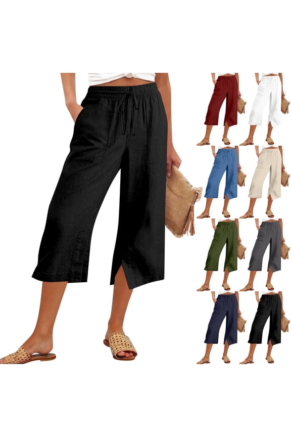 Womens Cotton Linen Capri Pants Loose Fit Elastic Drawstring High Waist Side Split Hem Wide Leg Cropped Trousers Lightweight Summer Bottoms, XXL, #03 Black