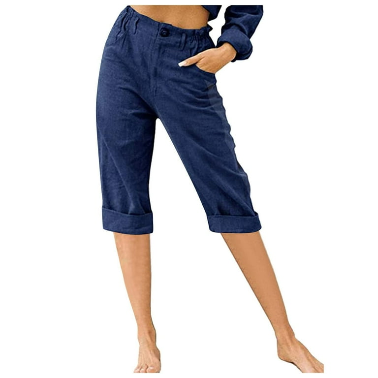 Womens Cotton Linen Capri Pants Solid Elastic Waist Comfy Cropped Leg Pants with Pockets Rolled Hem Wide Leg Loungewear Short Pants XXL Navy Walmart