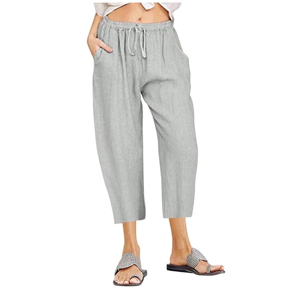 Womens Cotton Linen Capri Pants Summer Drawstring Elastic Waist Straight Leg Cropped Trousers Loose Fit Casual Beach Slacks