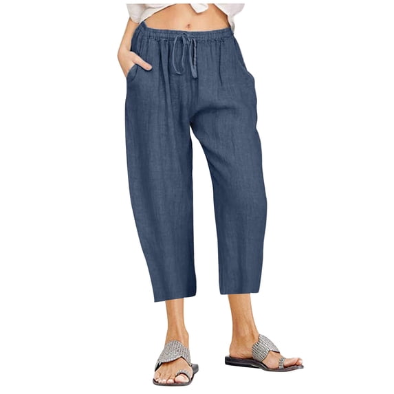 Womens Cotton Linen Capri Pants Summer Drawstring Elastic Waist Straight Leg Cropped Trousers Loose Fit Casual Beach Slacks