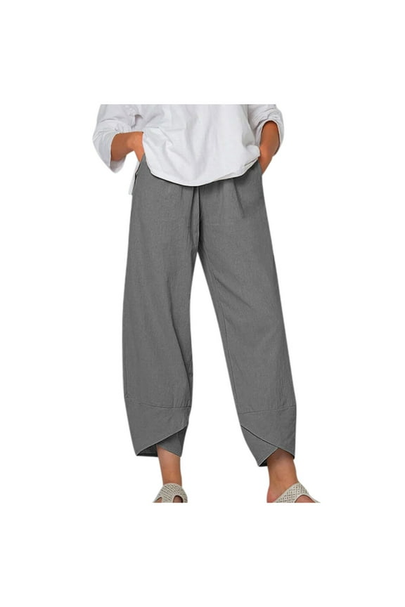 Womens Cotton Linen Capri Pants Tulip Hem Work Business Casual Loose Fit Bohemian Yoga Pants with Pockets