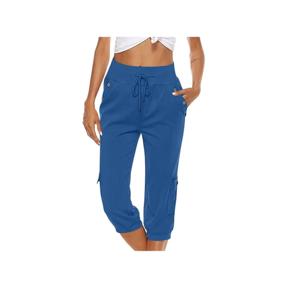 Womens Cotton Linen Capri Pants For Women Drawstring Baggy Summer Cropped Pants Comfy High Waist Loose Resort Outfits Pure Color Drawstring Pocket Casual Overalls Cropped Pants Blue M