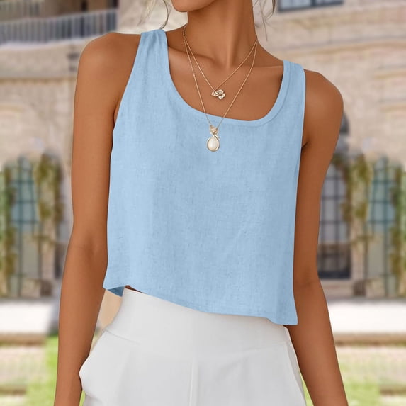 Womens Cotton Linen Crop Tank Tops Summer Beach Sleeveless Tops Dressy Scoop Neck Solid Color Camisole Tops