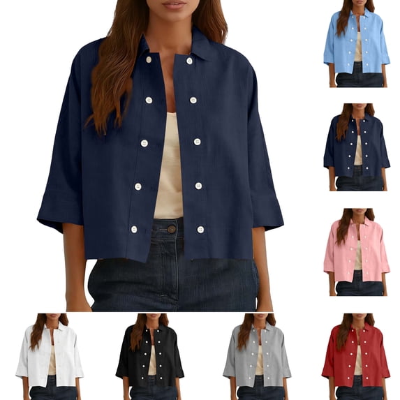 Womens Cotton Linen Cropped Shacket Lapel Collar 3/4 Sleeve Button Down Shirt Jacket Lightweight Solid Casual Outerwear M