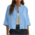 thumbnail image 1 of Womens Cotton Linen Cropped T-Shirts, 3/4 Sleeve Shirts for Women Summer Casual Lightweight Lapel Button Down Dressy Blouses, 1 of 6