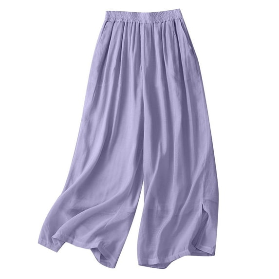 Womens Cotton Linen Culottes Pants Summer Casual Flowy Wide Leg Palazzo Pants Loose Fit Comfy Beach Lounge Trousers