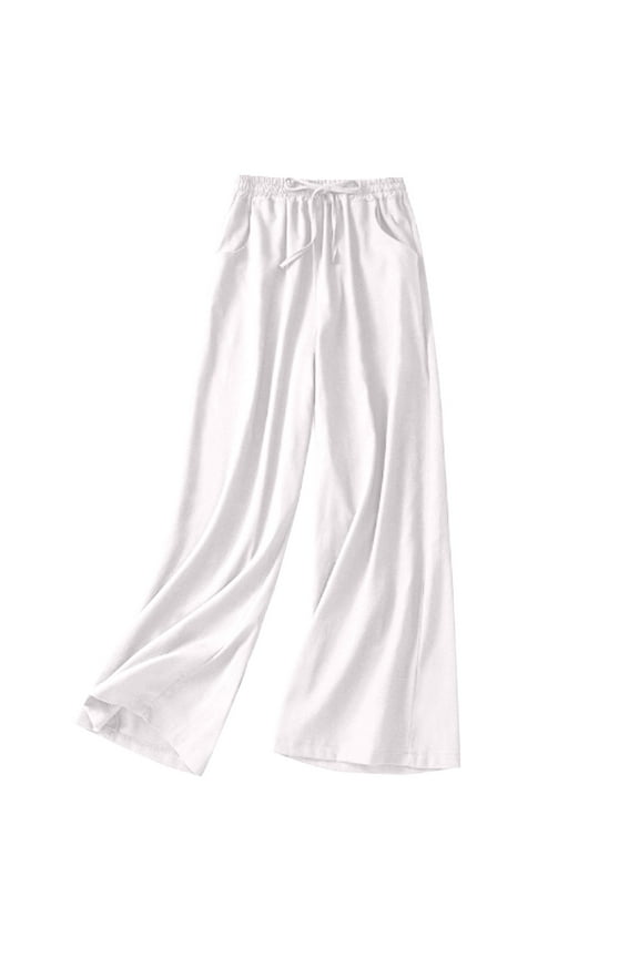 Womens Cotton Linen Culottes Pants Summer Casual Flowy Wide Leg Palazzo Pants Loose Fit Comfy Beach Lounge Trousers