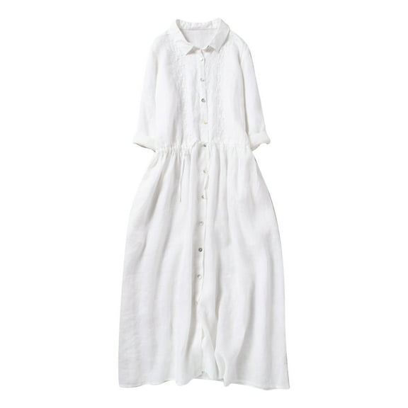 Womens Cotton Linen Dress Floral Printed Button Lapel Shirt Midi Dresses for Women Tie Waisted Lightweight Dress (Large, White)