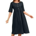 thumbnail image 1 of Womens Cotton Linen Dress Short Sleeve Midi Dresses Casual Plus Size Tunic Dress Loose Fitted Solid Short Modest Summerdresses Vacation Going Out Clothings Summer, 1 of 6