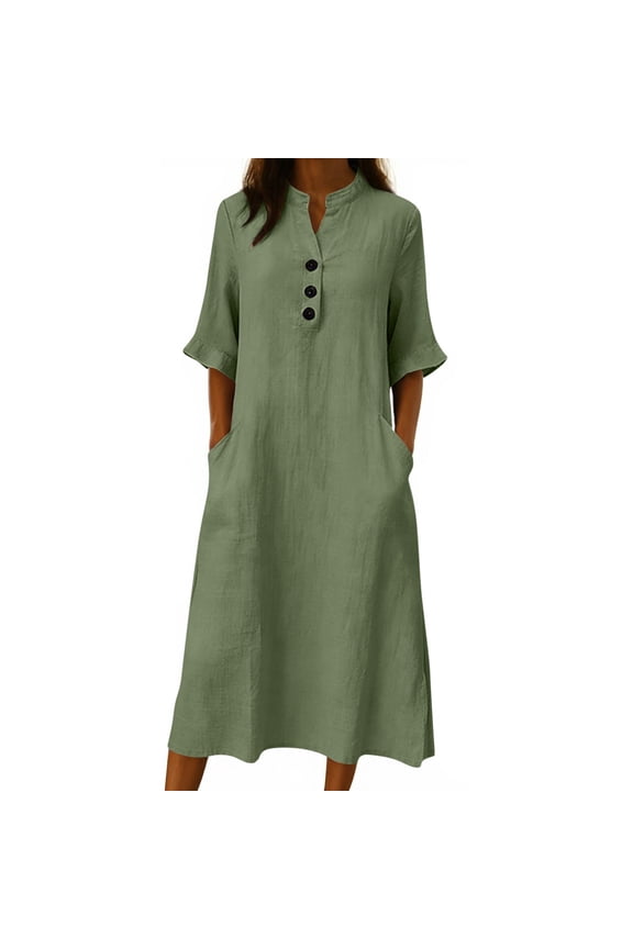Womens Cotton Linen Dress Summer Casual Button Down Flowy Plus Size Maxi Dresses 3/4 Sleeve Shift Dress with Pockets