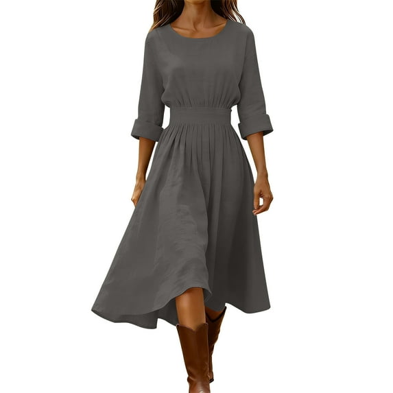 Womens Cotton Linen Dresses 3/4 Length Sleeve V Neck Maxi Dress Plain Long Round Neck Midi Pullover Dresses Pleated Solid Swing Midi Dress