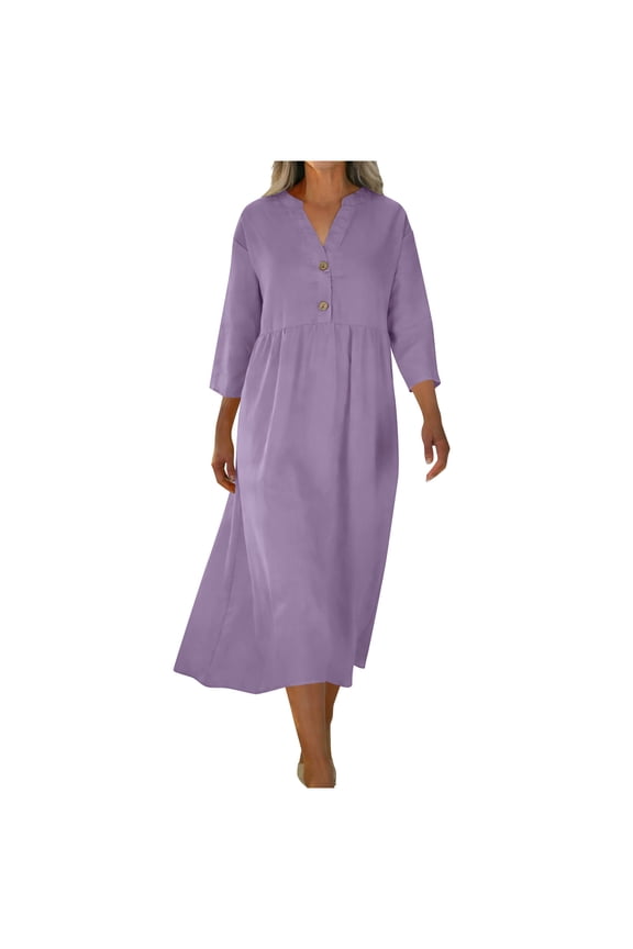 Womens Cotton Linen Dresses Long Sleeve Nightgowns Button V Neck Full Length Night Shirts Sleepwear Nightdress Boho Vacation Dress