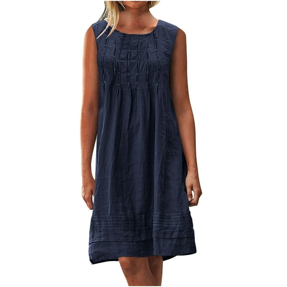 Womens Cotton Linen Dresses Plus Size S-5XL Sleeveless Pleated Summer Dresses Loose Fashion Ladies Dresses Navy, XL