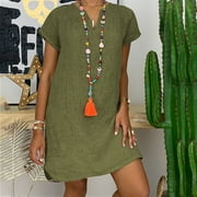 Womens Cotton Linen Dresses Short Sleeve Casual Summer Vneck Loose Fitting Shift Soft Midi Soft Dress